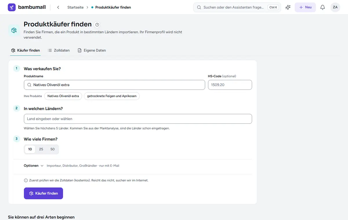 Bildschirm „Produktkäufer finden“: Feld für Produktname oder HS-Code und Länderauswahl.
