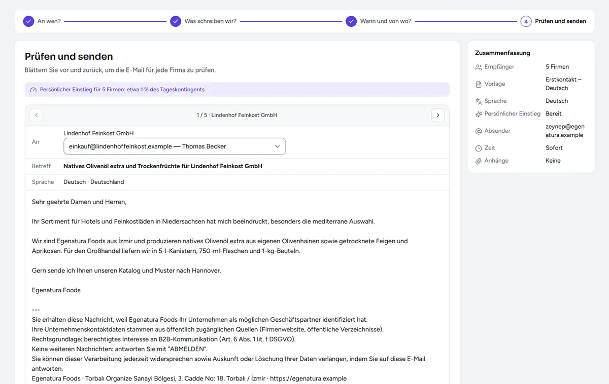 Vorschauschritt in „E-Mail senden“: die fertige E-Mail an eine Firma mit persönlichem Einstieg und Datenschutzhinweis am Ende.