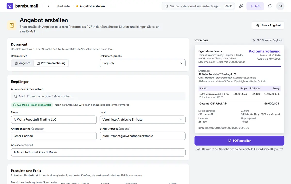 Bildschirm „Angebot erstellen“: links die Angaben zur Proforma, rechts die Live-Vorschau des PDF.