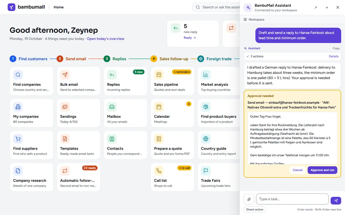 Assistant screen: an action prepared by the assistant and an approval card waiting for your approval.