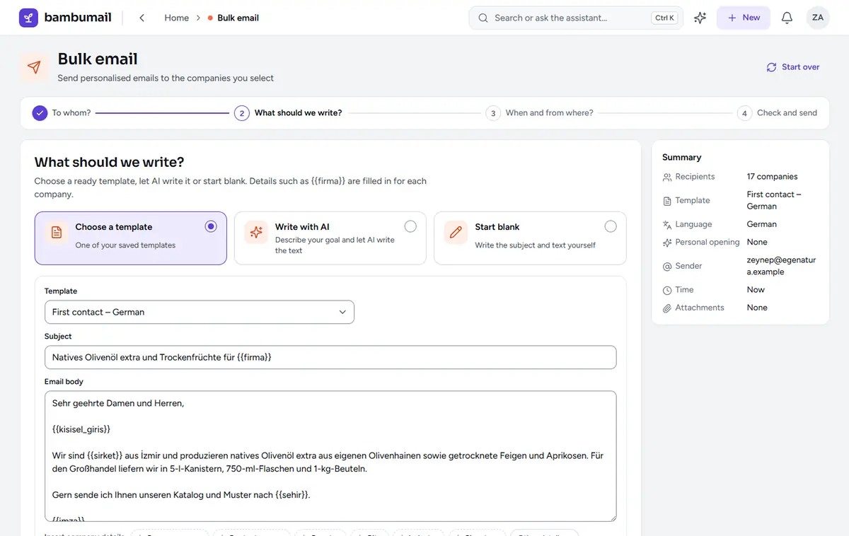 Writing step of Send email: a template with personalisation fields and, on the right, a summary of the send.
