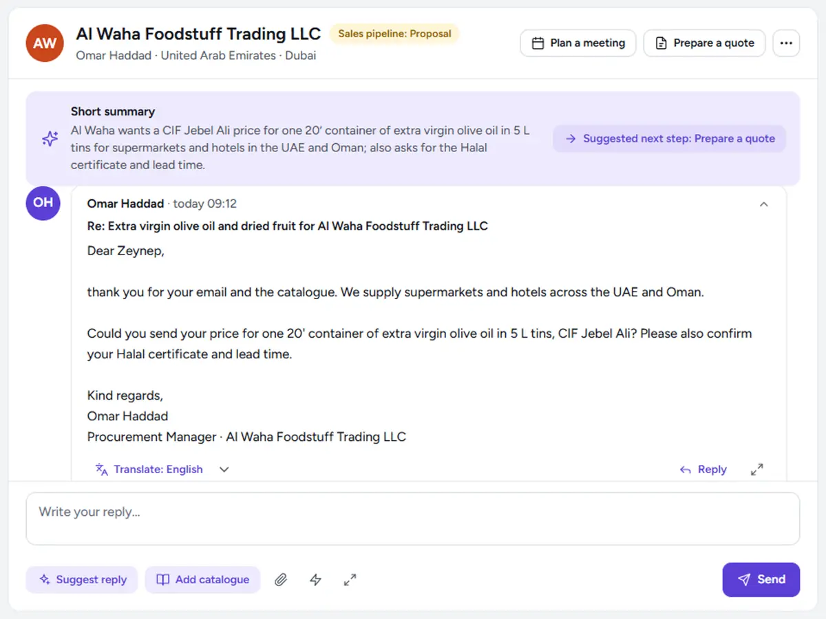 Replies screen: a reply asking for a price, with a short summary and a suggested next step.