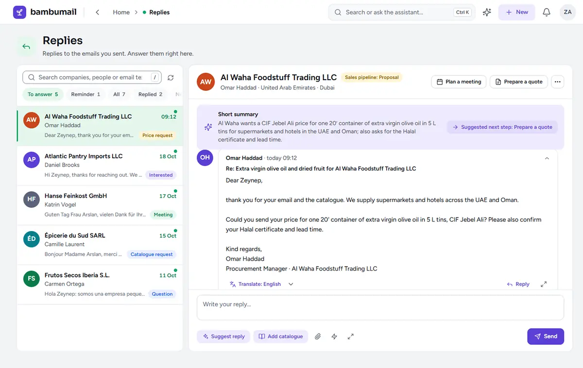 Replies screen: replies tagged by topic on the left; on the right, a reply asking for a price, with its short summary and a suggested next step.