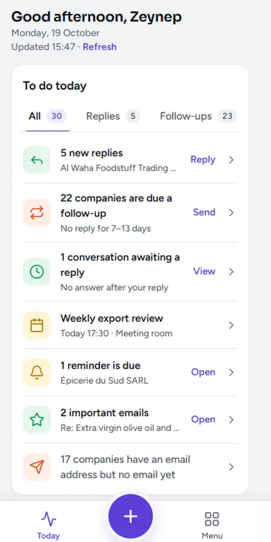 Today’s overview in a phone browser: the day’s replies, follow-ups and agenda.
