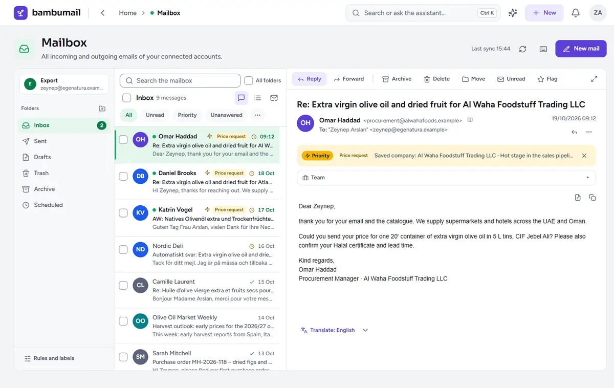 Mailbox screen: one unified inbox for all connected accounts, with a priority and intent bar above an open email.