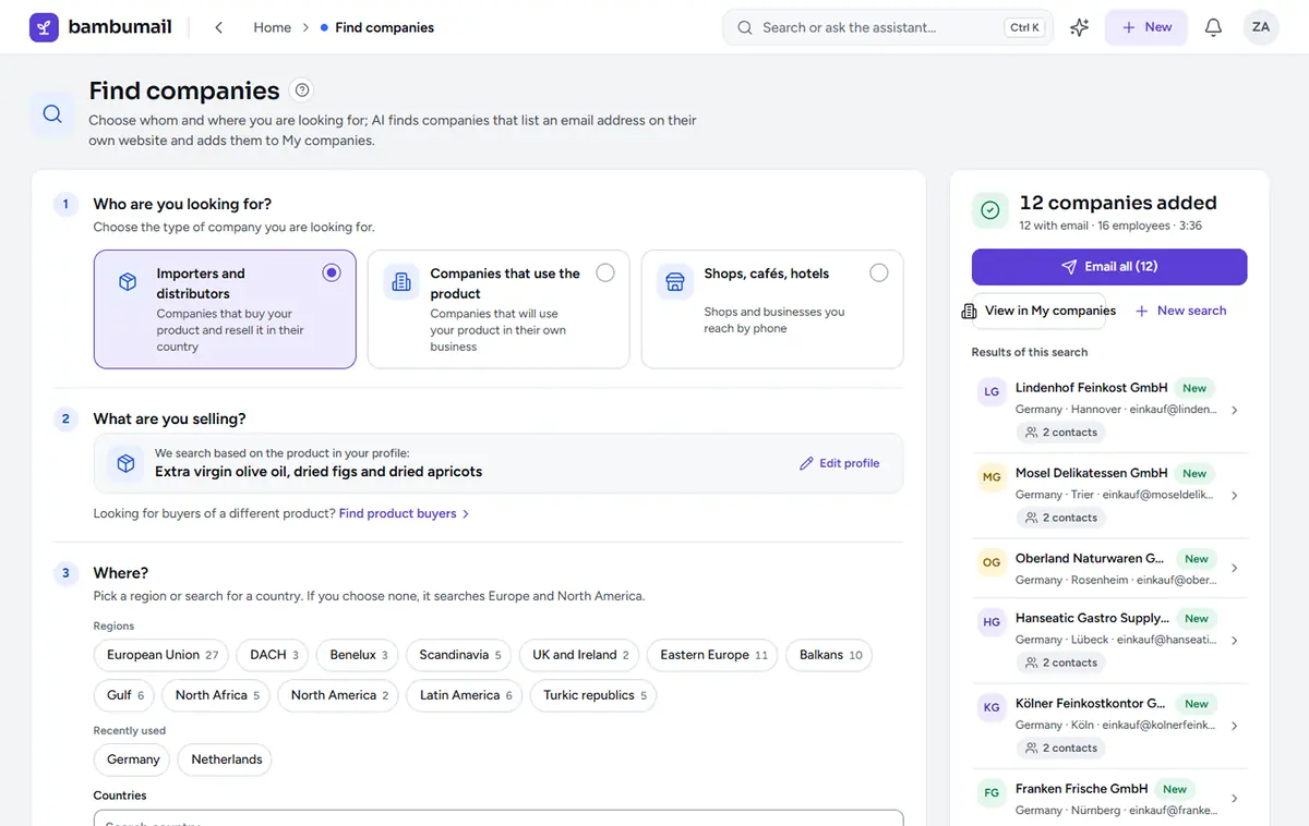 Find companies screen: the type of company to search for, region shortcuts and the search summary before the start.