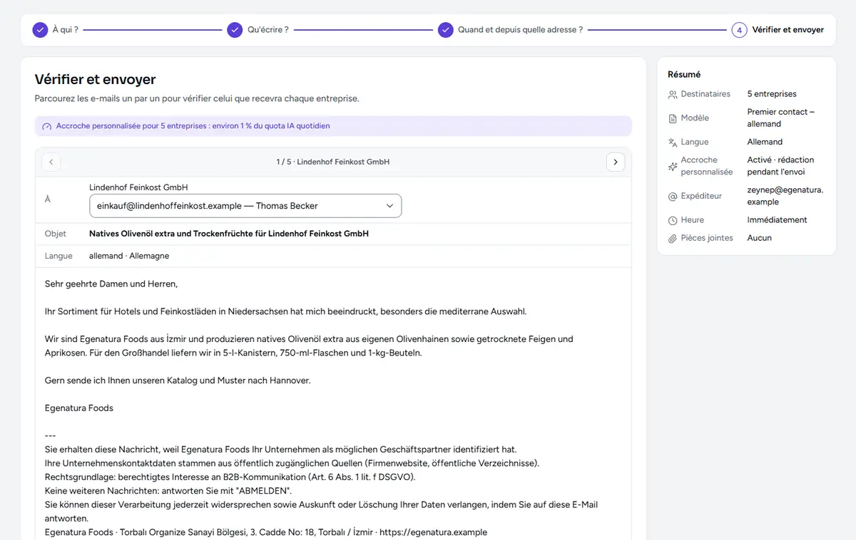 Étape d’aperçu de l’écran Envoyer un e-mail : la version finale de l’e-mail destiné à une entreprise, l’accroche personnalisée et la mention légale en bas.
