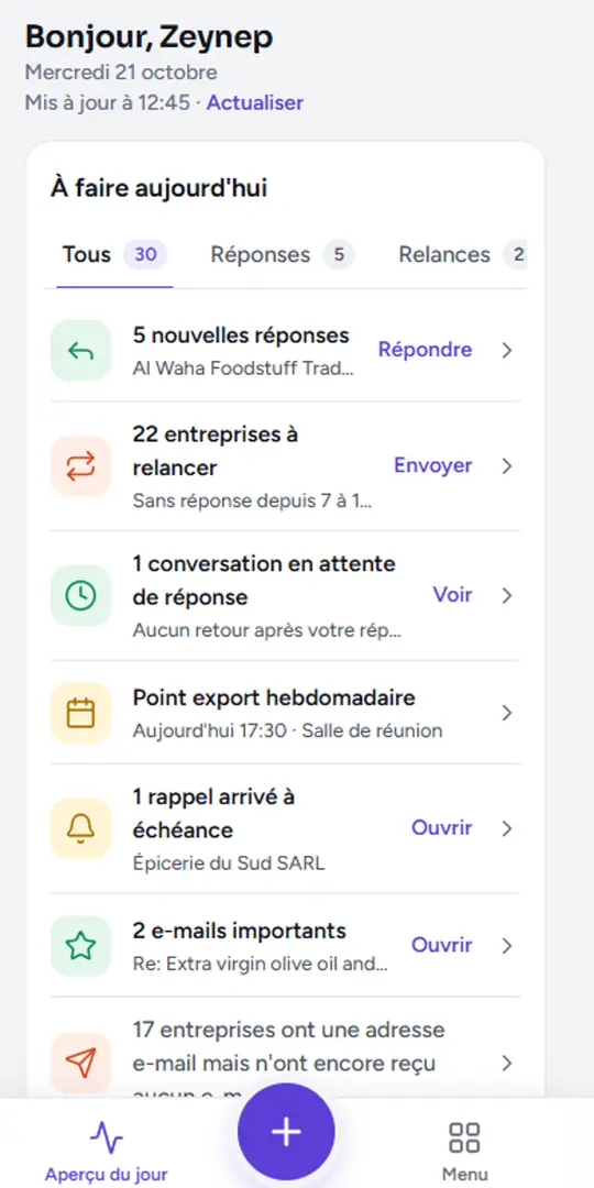 Écran Aperçu du jour dans le navigateur d’un téléphone : les réponses, relances et rendez-vous du jour.