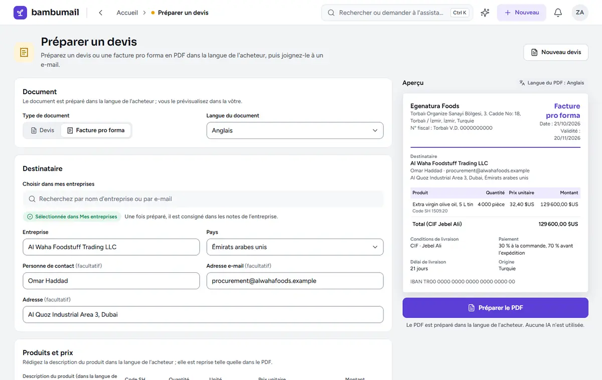 Écran Préparer un devis : à gauche, les informations de la facture pro forma ; à droite, l’aperçu PDF du document en direct.