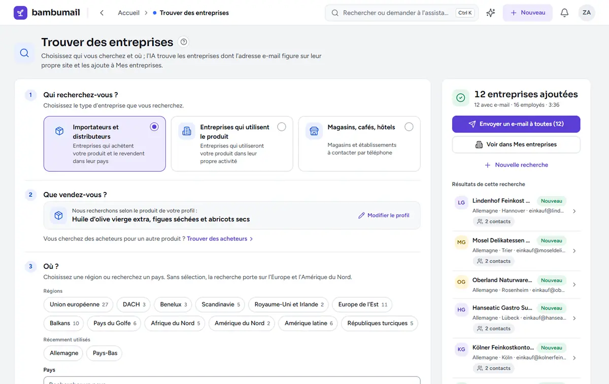 Écran Trouver des entreprises : type d’entreprise recherché, raccourcis de région et résumé de la recherche avant le lancement.