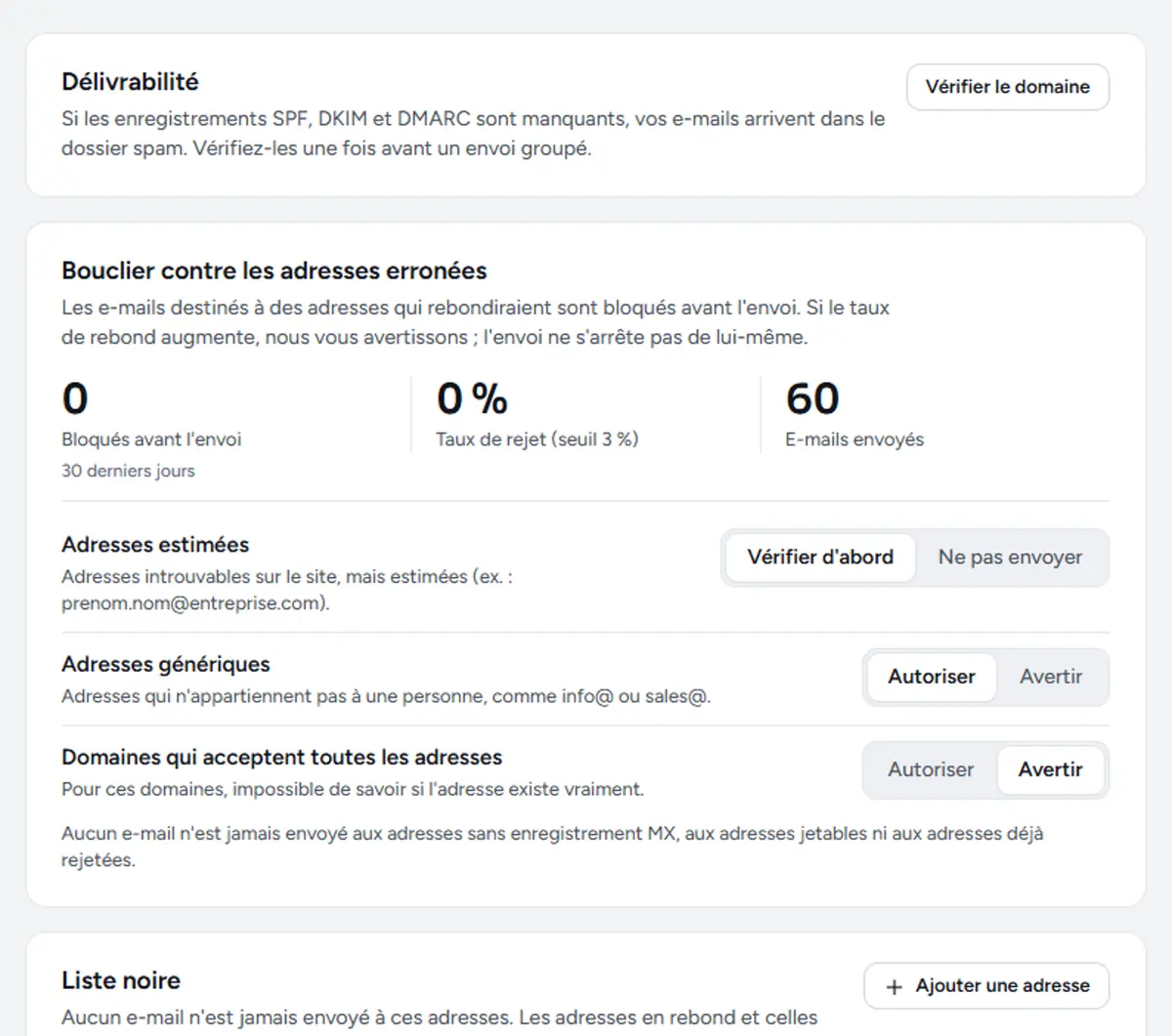 Paramètres Délivrabilité et confidentialité : vérification du domaine, bouclier contre les adresses erronées et liste noire.