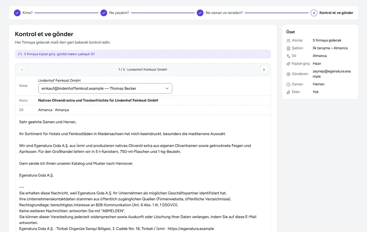 Mail gönder ekranının önizleme adımı: bir firmaya gidecek mailin son hâli, kişisel giriş cümlesi ve alttaki yasal bilgilendirme.