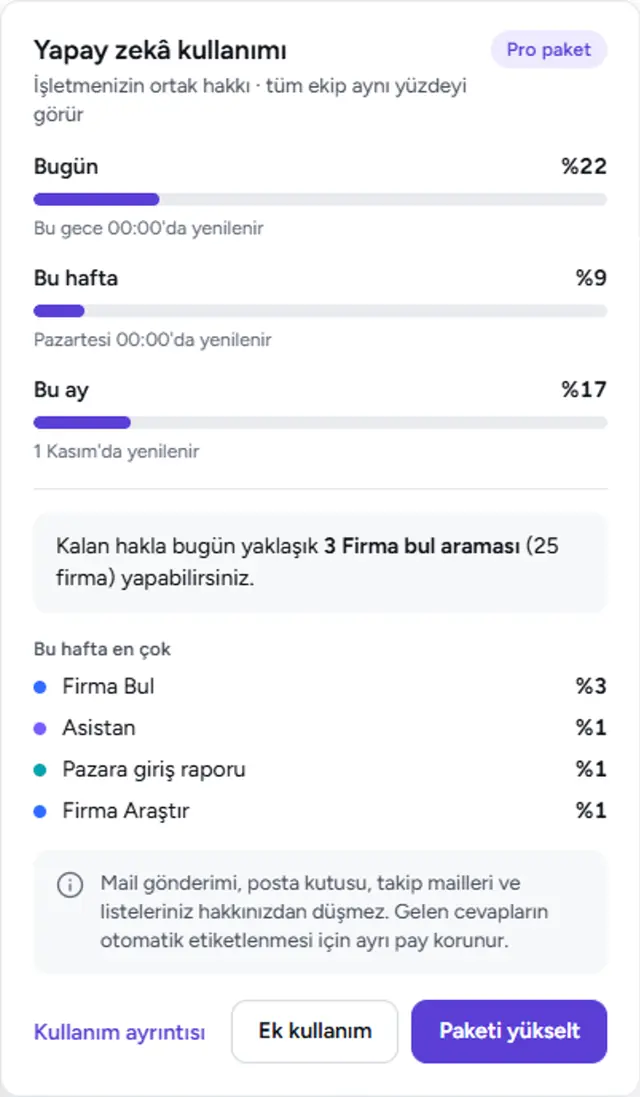 Yapay zekâ kullanımı penceresi: günlük, haftalık ve aylık hakkın yüzde olarak durumu.